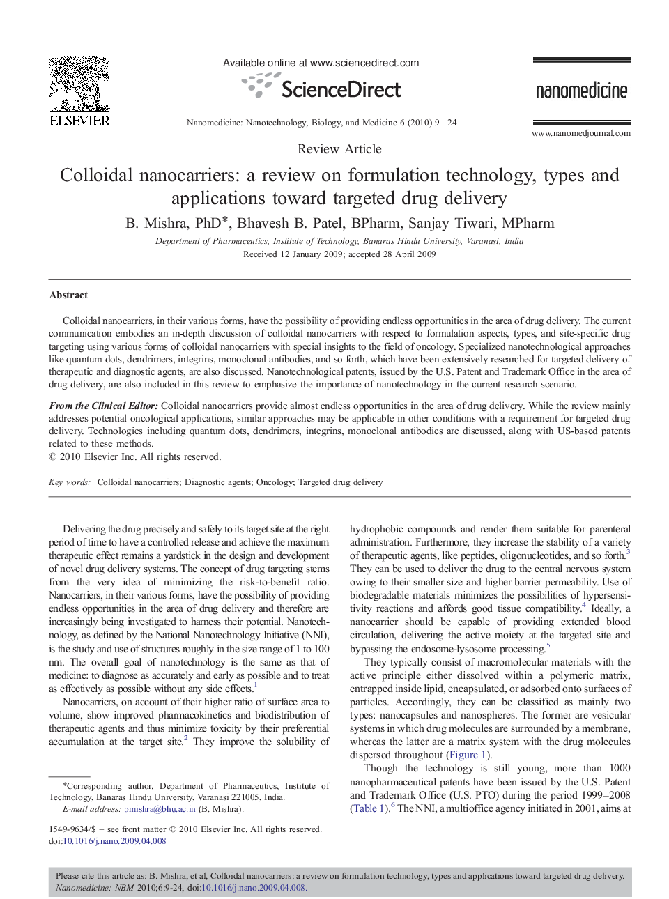 Colloidal nanocarriers: a review on formulation technology, types and applications toward targeted drug delivery