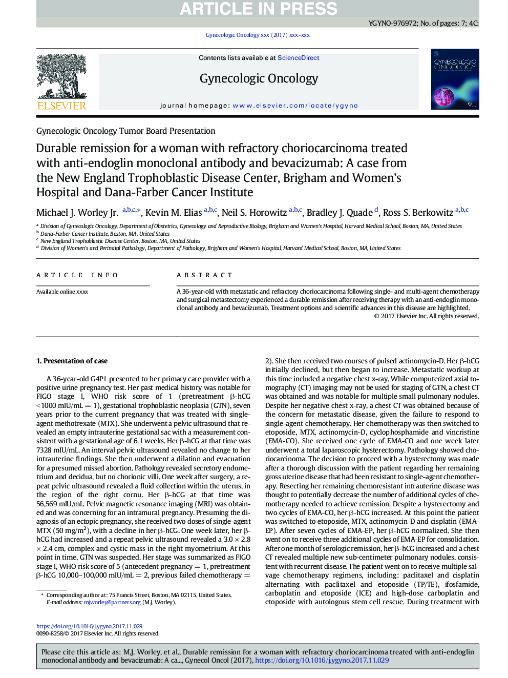 Durable remission for a woman with refractory choriocarcinoma treated with anti-endoglin monoclonal antibody and bevacizumab: A case from the New England Trophoblastic Disease Center, Brigham and Women's Hospital and Dana-Farber Cancer Institute