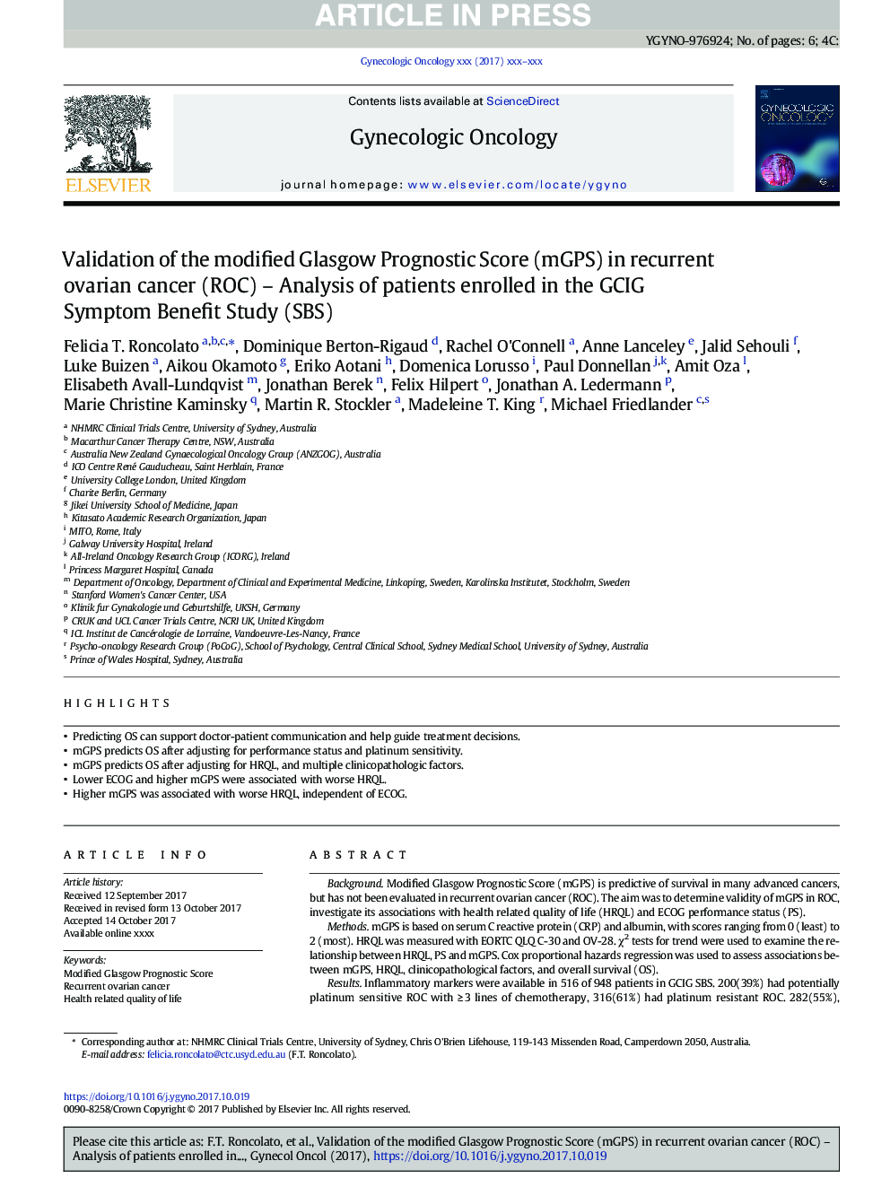 Validation of the modified Glasgow Prognostic Score (mGPS) in recurrent ovarian cancer (ROC) - Analysis of patients enrolled in the GCIG Symptom Benefit Study (SBS)