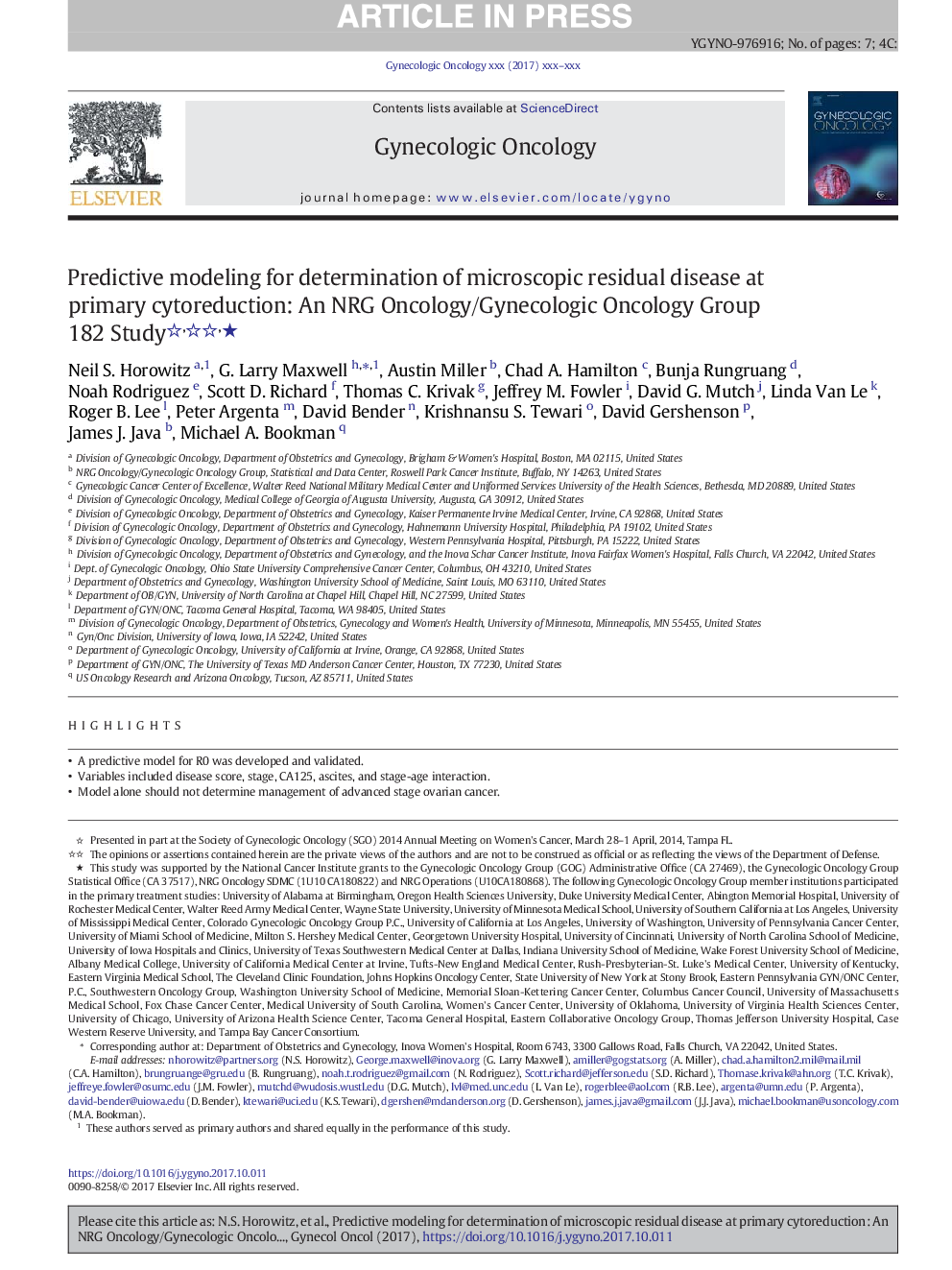 Predictive modeling for determination of microscopic residual disease at primary cytoreduction: An NRG Oncology/Gynecologic Oncology Group 182 Study