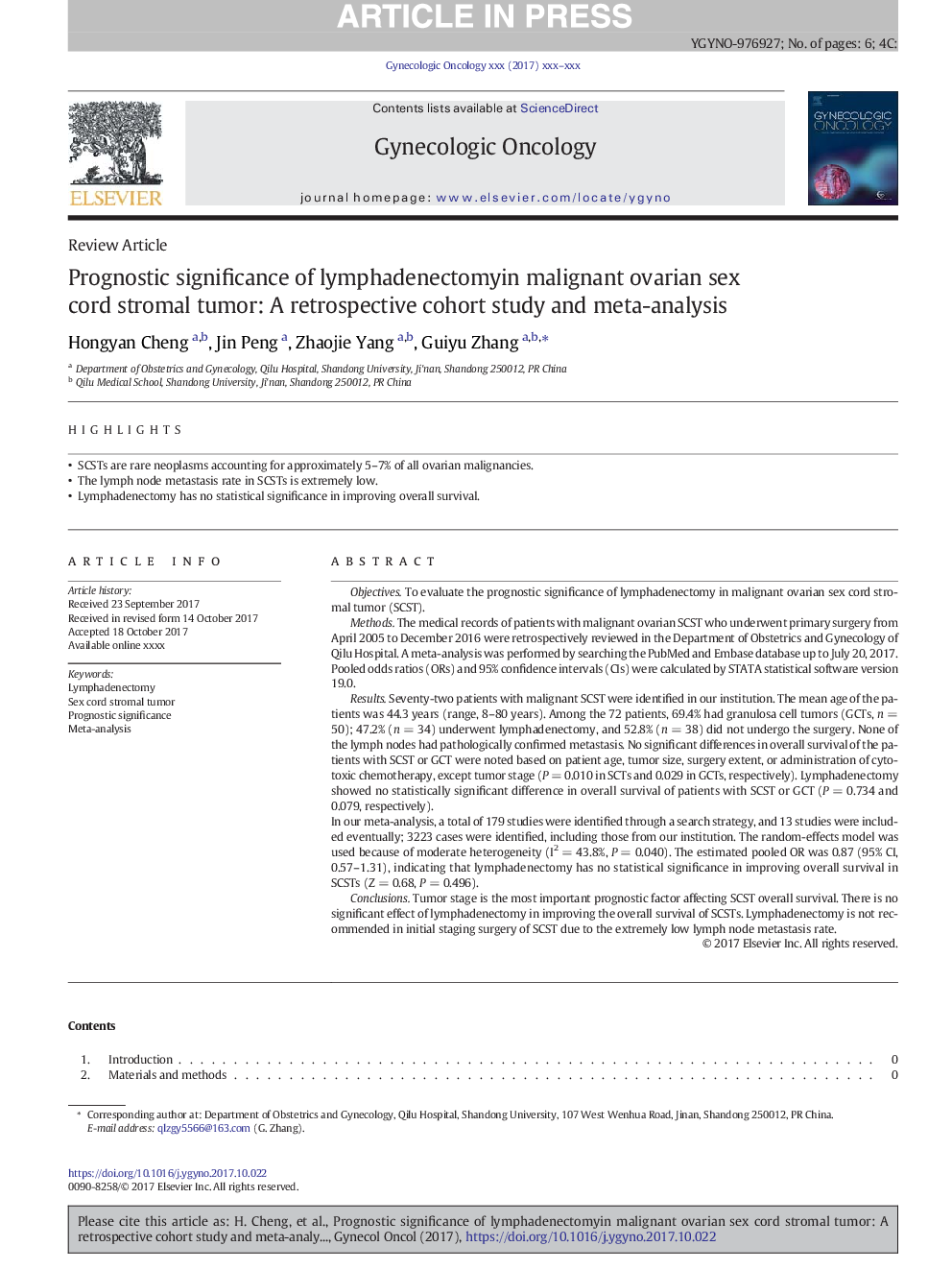 Prognostic significance of lymphadenectomyin malignant ovarian sex cord stromal tumor: A retrospective cohort study and meta-analysis