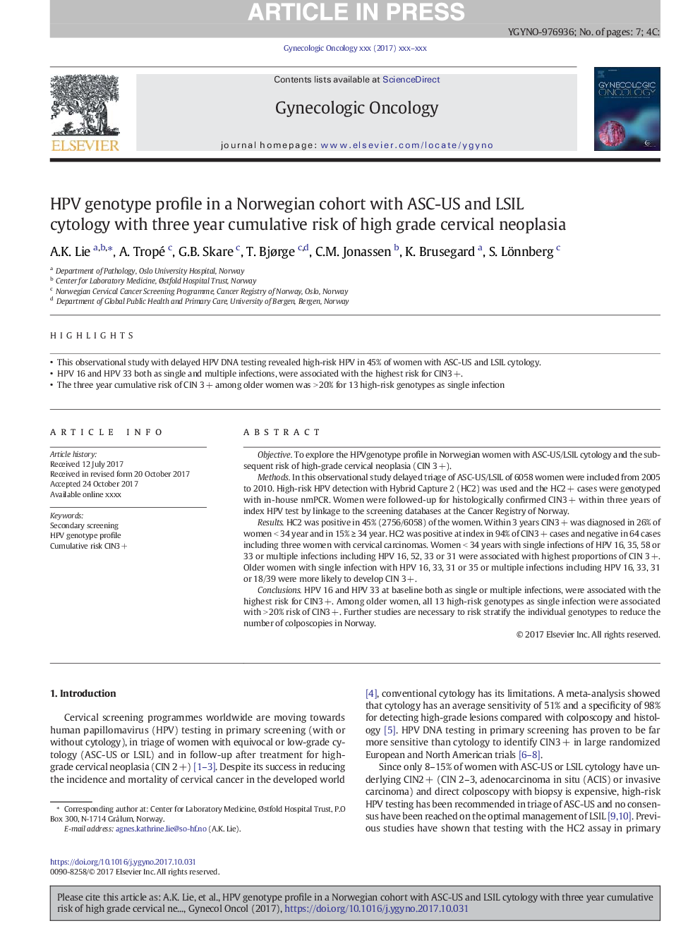 HPV genotype profile in a Norwegian cohort with ASC-US and LSIL cytology with three year cumulative risk of high grade cervical neoplasia