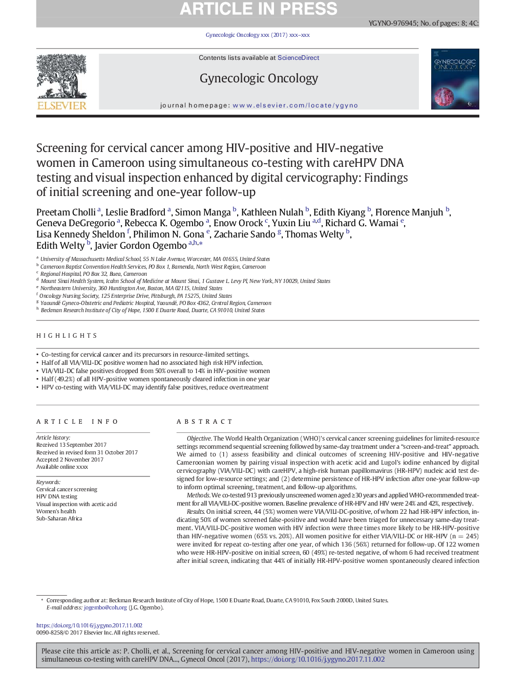 Screening for cervical cancer among HIV-positive and HIV-negative women in Cameroon using simultaneous co-testing with careHPV DNA testing and visual inspection enhanced by digital cervicography: Findings of initial screening and one-year follow-up