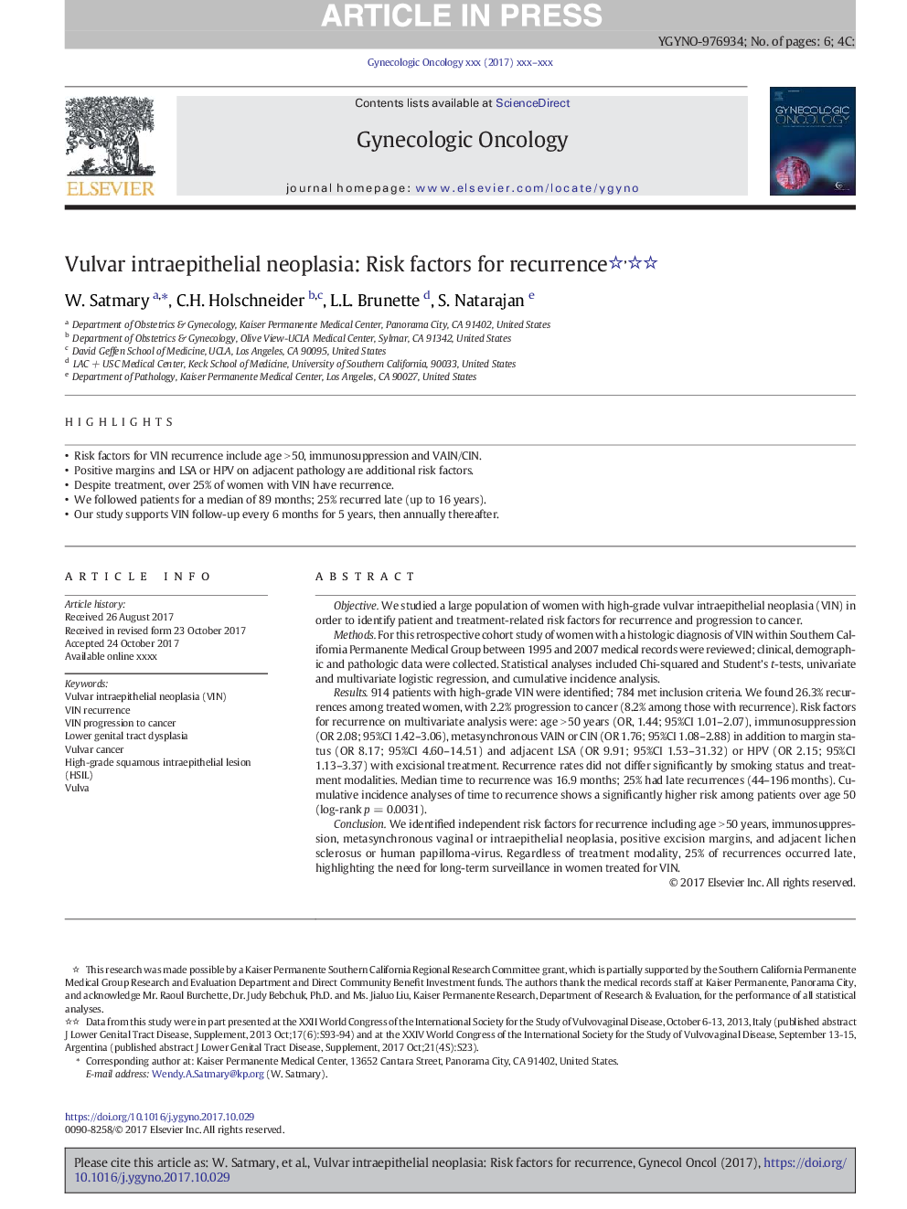 Vulvar intraepithelial neoplasia: Risk factors for recurrence