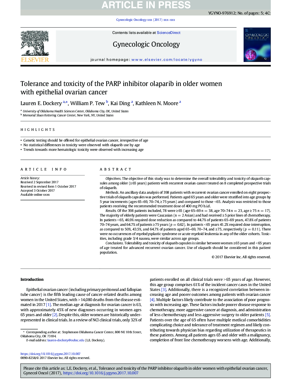 Tolerance and toxicity of the PARP inhibitor olaparib in older women with epithelial ovarian cancer