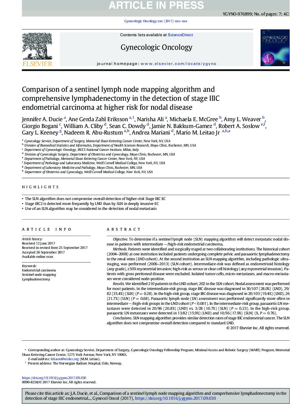 Comparison of a sentinel lymph node mapping algorithm and comprehensive lymphadenectomy in the detection of stage IIIC endometrial carcinoma at higher risk for nodal disease