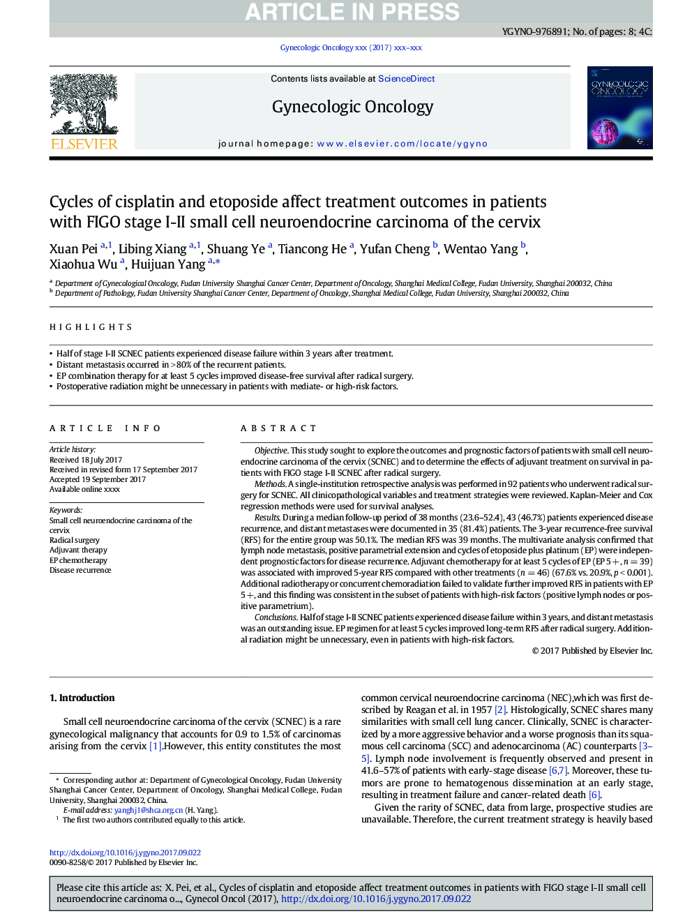 Cycles of cisplatin and etoposide affect treatment outcomes in patients with FIGO stage I-II small cell neuroendocrine carcinoma of the cervix