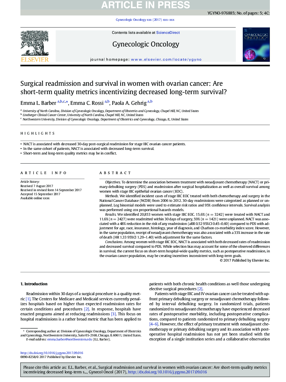 Surgical readmission and survival in women with ovarian cancer: Are short-term quality metrics incentivizing decreased long-term survival?