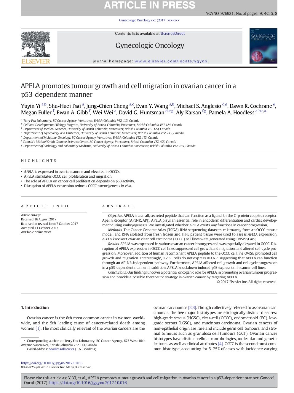 APELA promotes tumour growth and cell migration in ovarian cancer in a p53-dependent manner