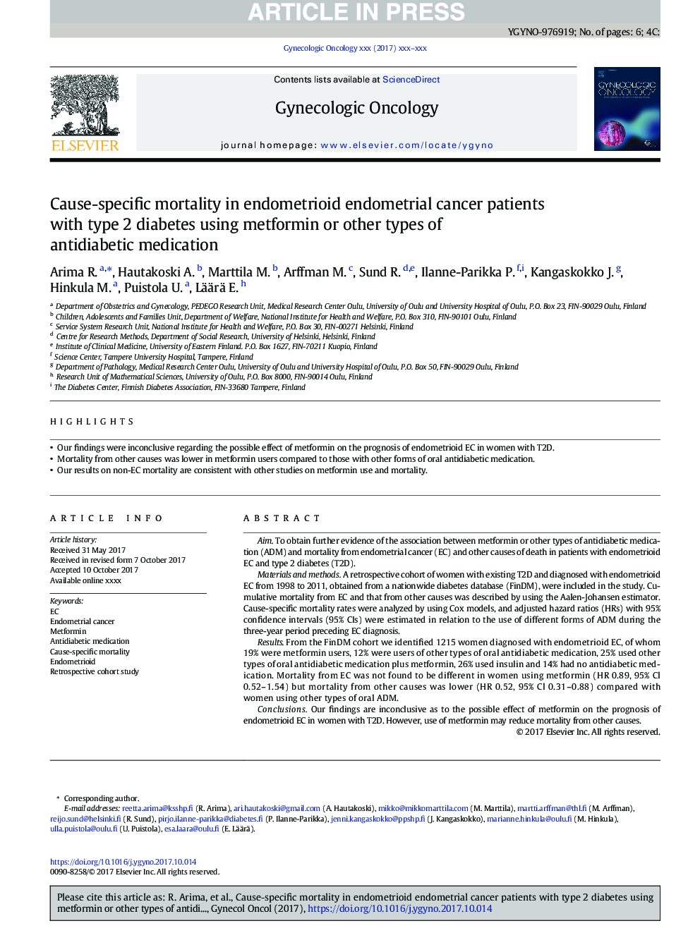 Cause-specific mortality in endometrioid endometrial cancer patients with type 2 diabetes using metformin or other types of antidiabetic medication