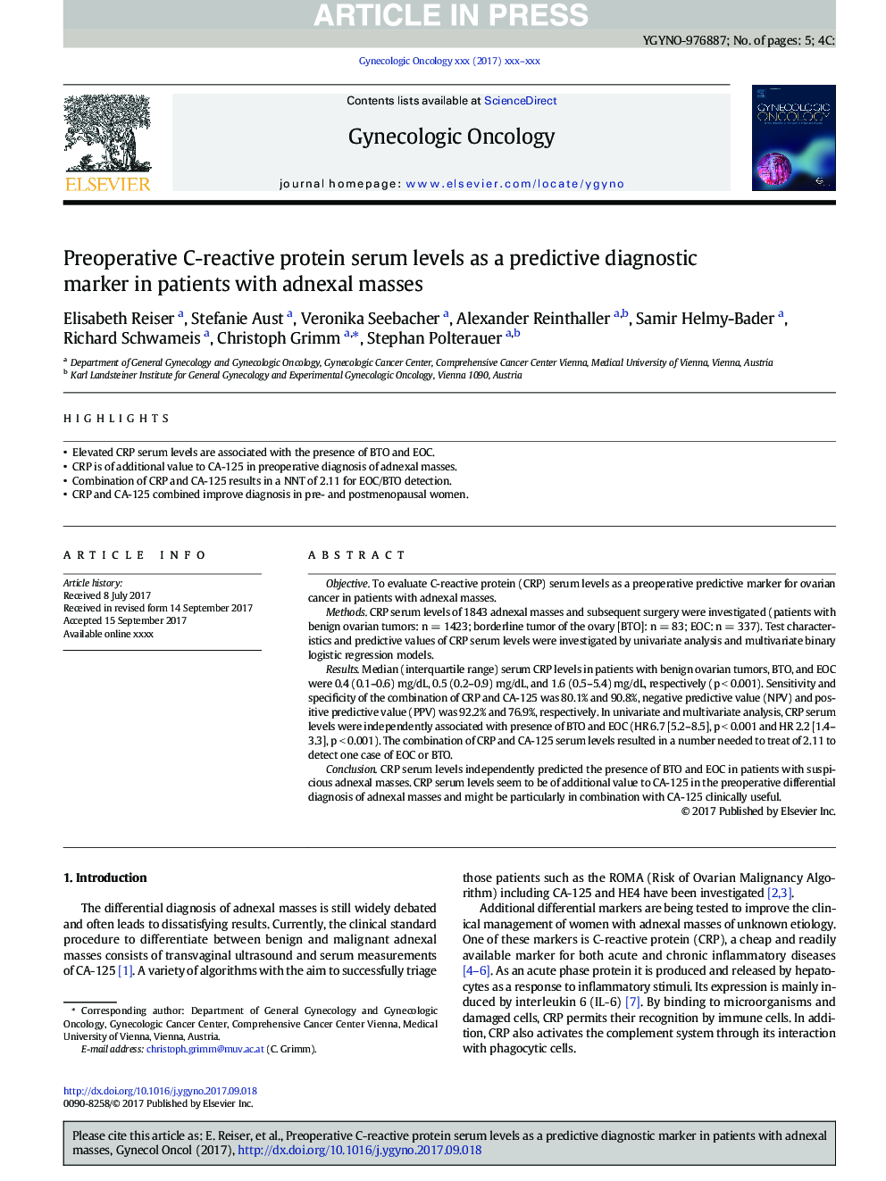 عکس صفحه اول مقاله: Preoperative C-reactive protein serum levels as a predictive diagnostic marker in patients with adnexal masses Preoperative C-reactive protein serum levels as a predictive diagnostic marker in patients with adnexal masses