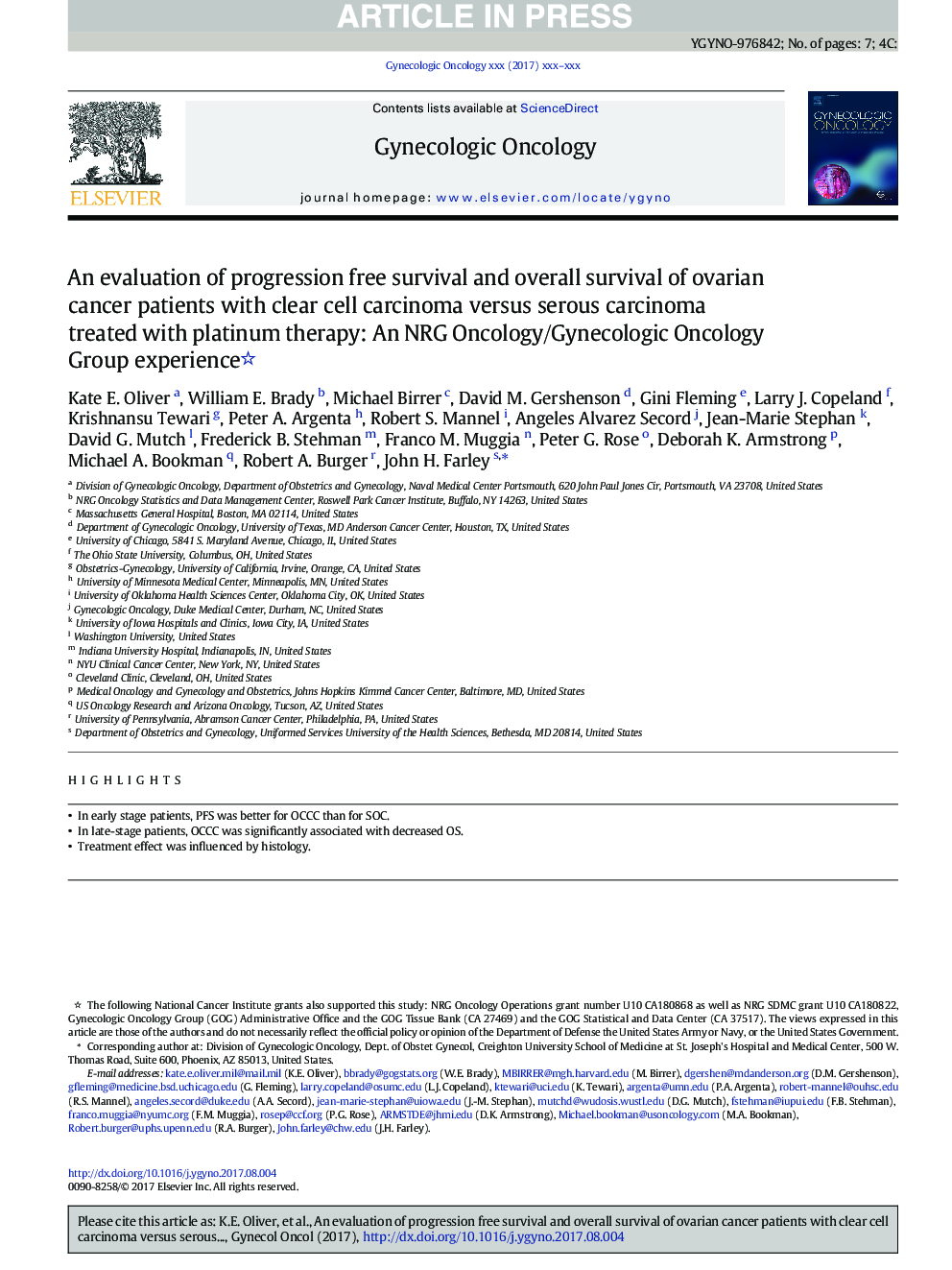 An evaluation of progression free survival and overall survival of ovarian cancer patients with clear cell carcinoma versus serous carcinoma treated with platinum therapy: An NRG Oncology/Gynecologic Oncology Group experience