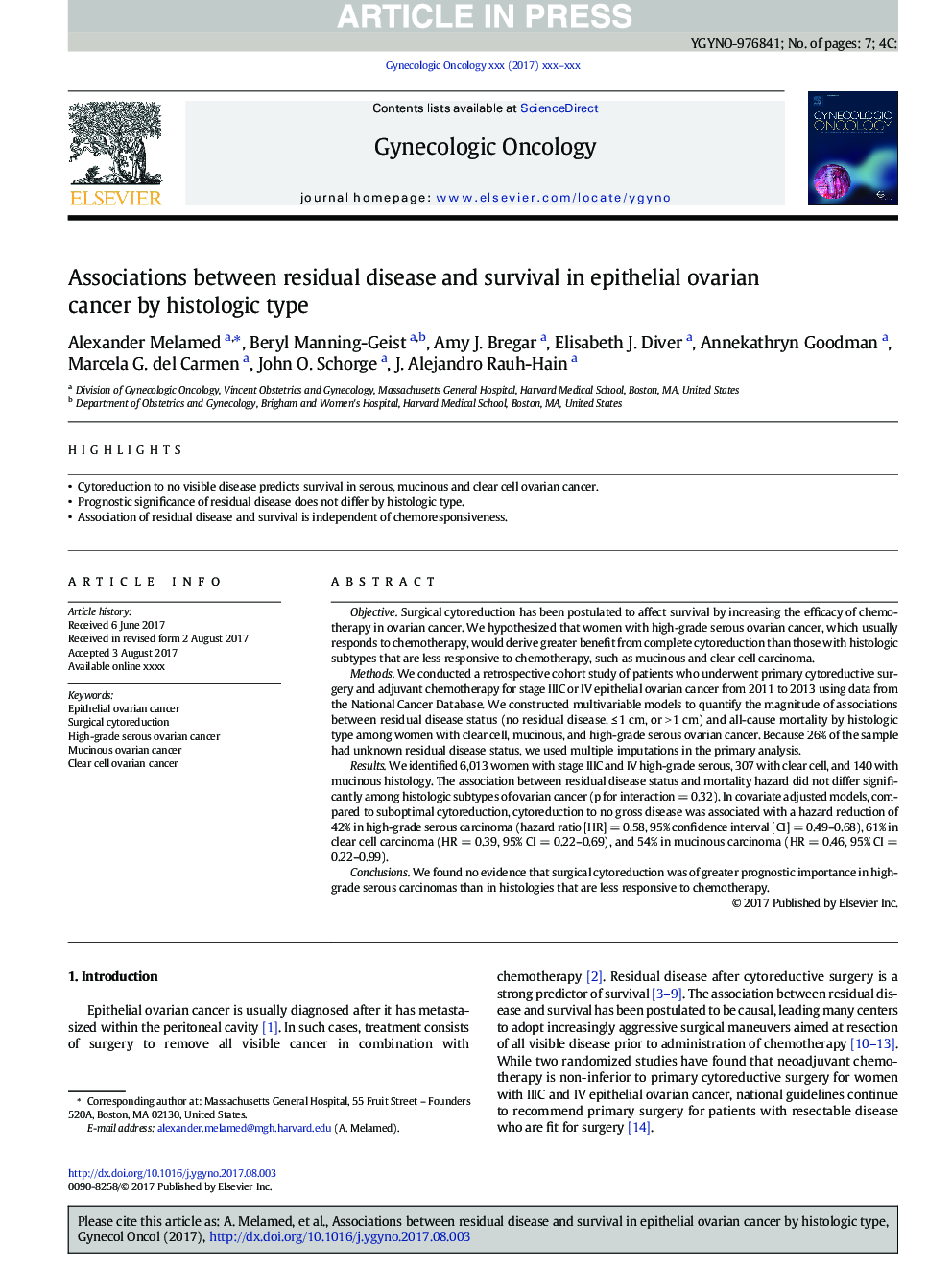 Associations between residual disease and survival in epithelial ovarian cancer by histologic type