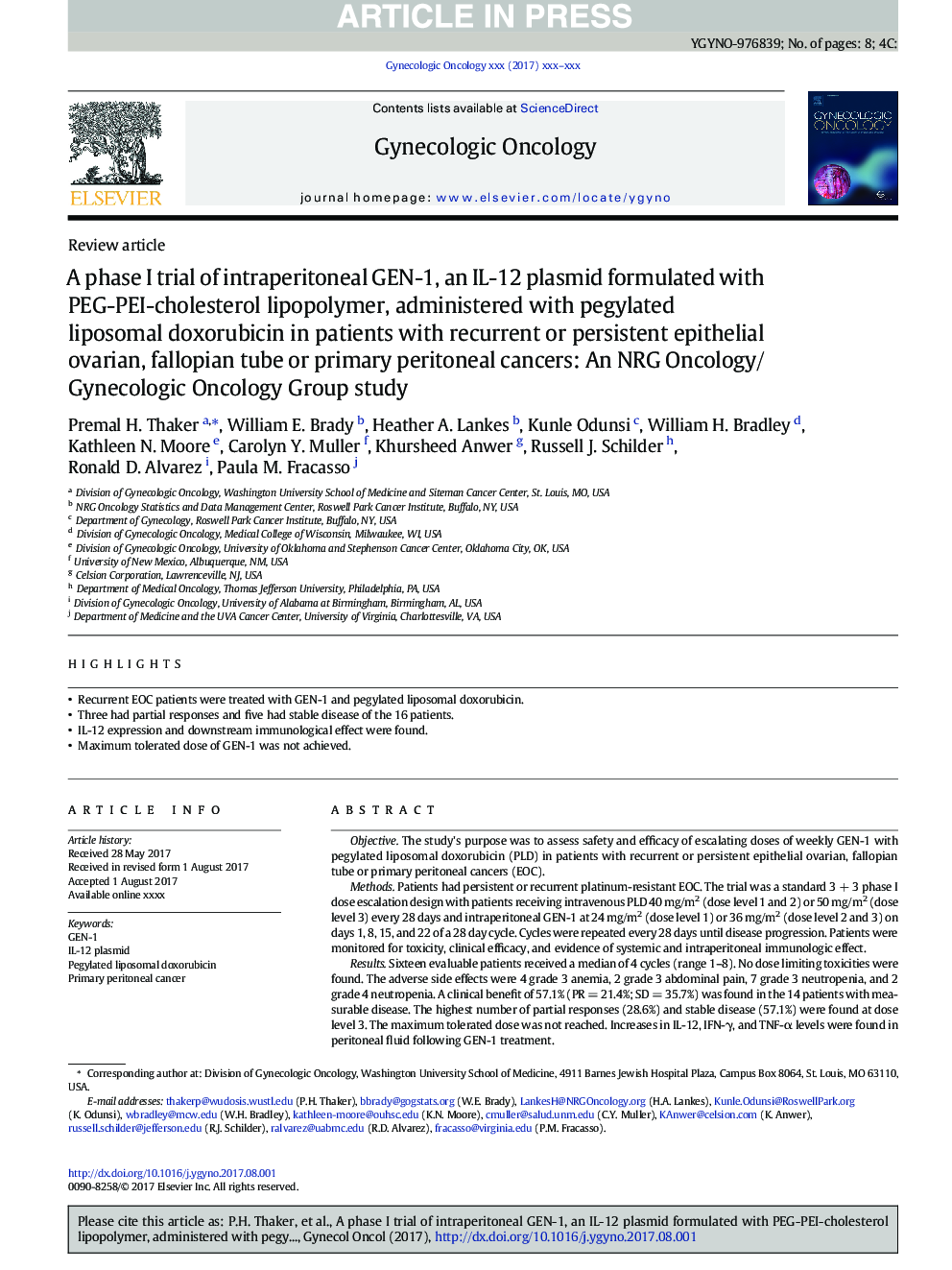 A phase I trial of intraperitoneal GEN-1, an IL-12 plasmid formulated with PEG-PEI-cholesterol lipopolymer, administered with pegylated liposomal doxorubicin in patients with recurrent or persistent epithelial ovarian, fallopian tube or primary peritoneal