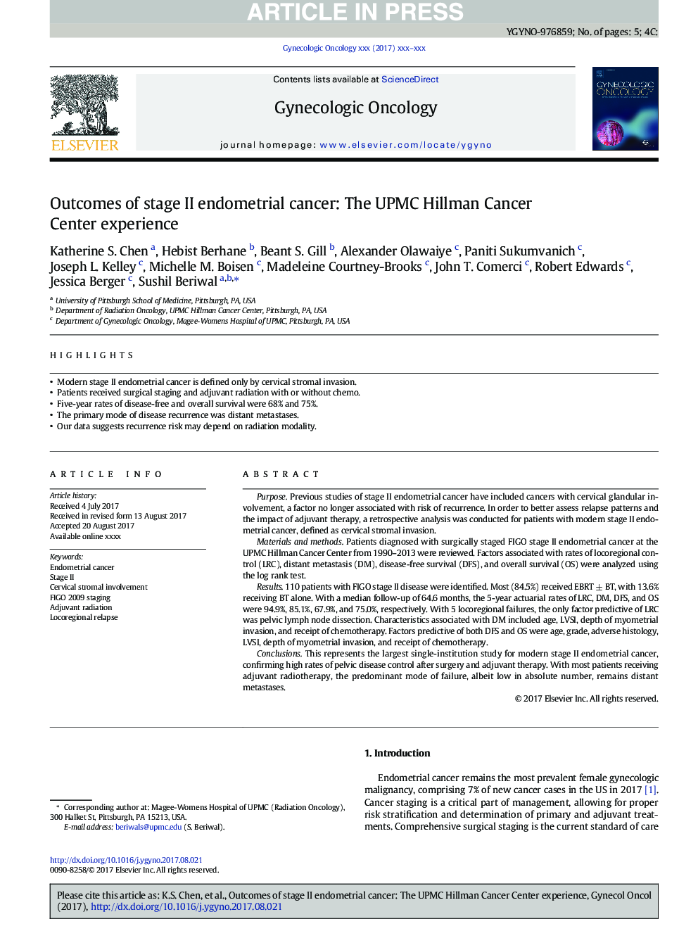 Outcomes of stage II endometrial cancer: The UPMC Hillman Cancer Center experience