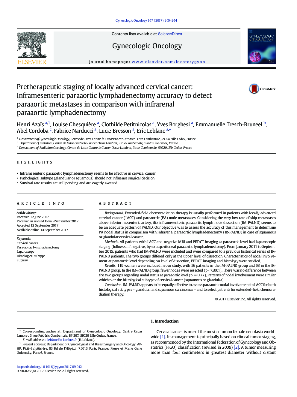 Pretherapeutic staging of locally advanced cervical cancer: Inframesenteric paraaortic lymphadenectomy accuracy to detect paraaortic metastases in comparison with infrarenal paraaortic lymphadenectomy