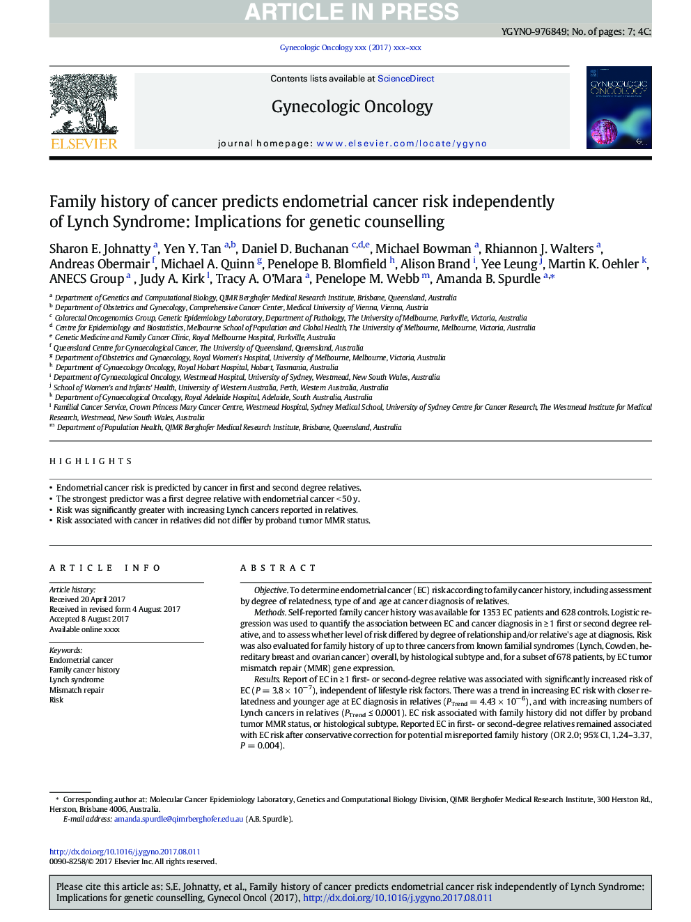 Family history of cancer predicts endometrial cancer risk independently of Lynch Syndrome: Implications for genetic counselling