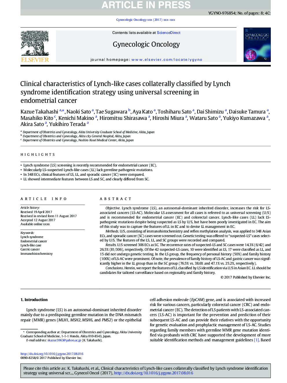 Clinical characteristics of Lynch-like cases collaterally classified by Lynch syndrome identification strategy using universal screening in endometrial cancer