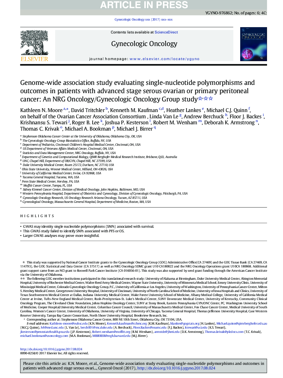 Genome-wide association study evaluating single-nucleotide polymorphisms and outcomes in patients with advanced stage serous ovarian or primary peritoneal cancer: An NRG Oncology/Gynecologic Oncology Group study