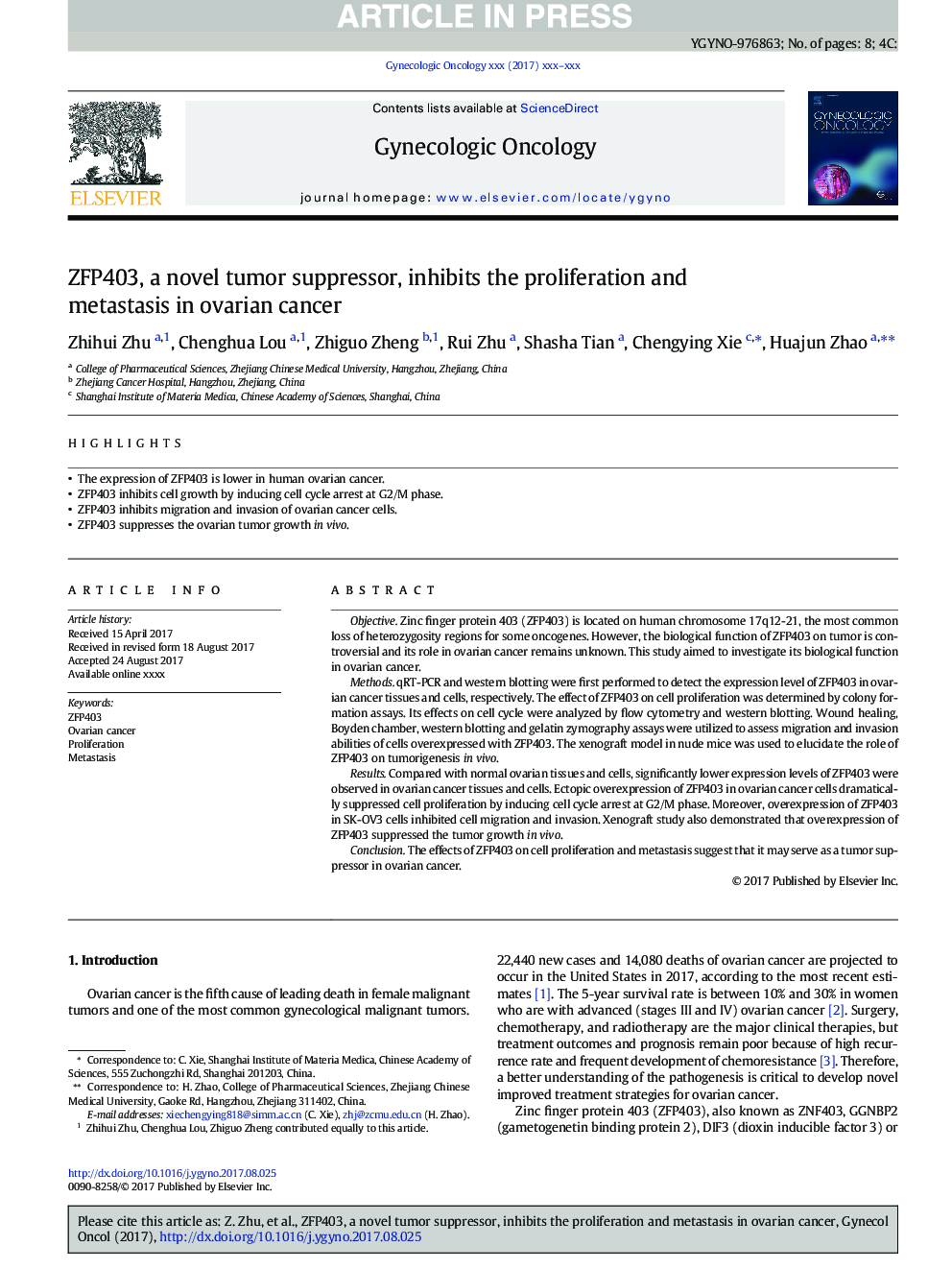 عکس صفحه اول مقاله: ZFP403, a novel tumor suppressor, inhibits the proliferation and metastasis in ovarian cancer ZFP403, a novel tumor suppressor, inhibits the proliferation and metastasis in ovarian cancer