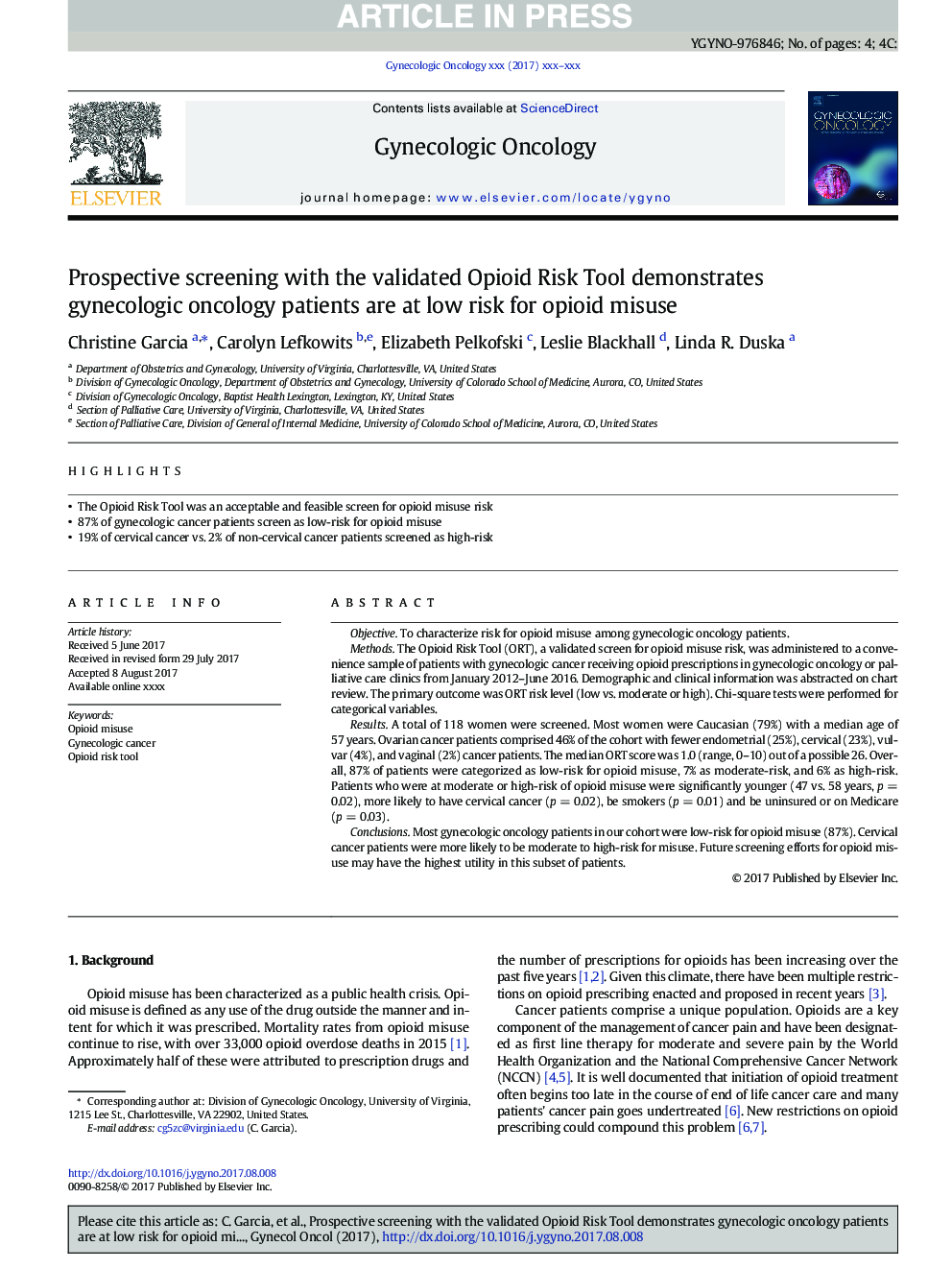 Prospective screening with the validated Opioid Risk Tool demonstrates gynecologic oncology patients are at low risk for opioid misuse