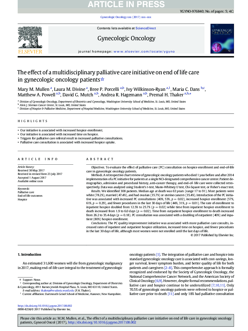 The effect of a multidisciplinary palliative care initiative on end of life care in gynecologic oncology patients