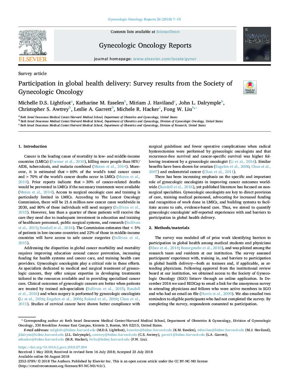 Participation in global health delivery: Survey results from the Society of Gynecologic Oncology