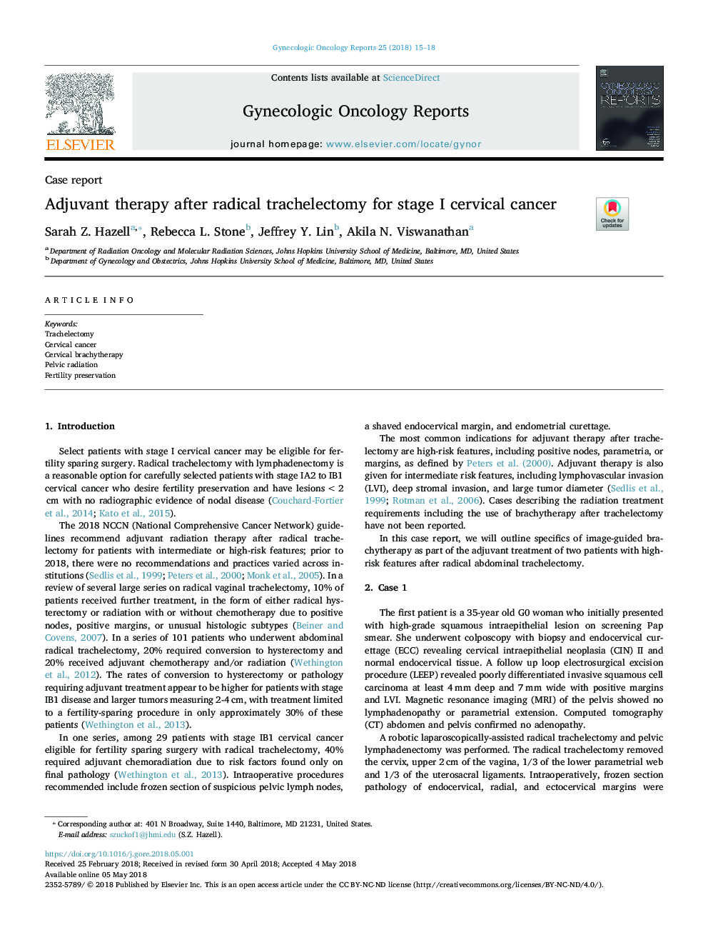 Adjuvant therapy after radical trachelectomy for stage I cervical cancer