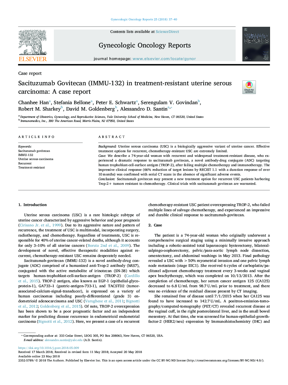 Sacituzumab Govitecan (IMMU-132) in treatment-resistant uterine serous carcinoma: A case report