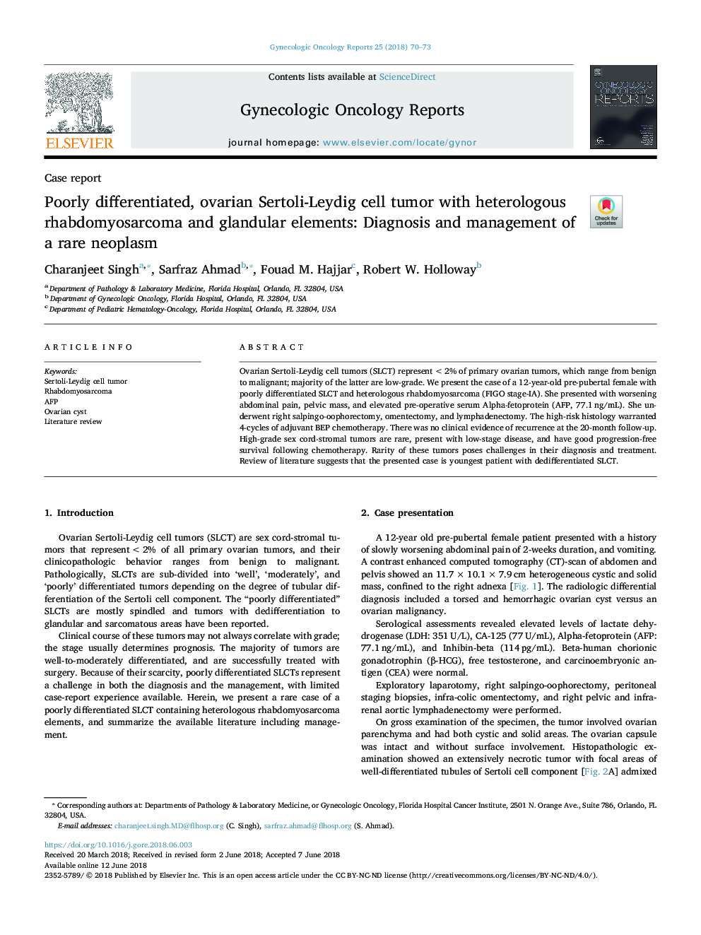 Poorly differentiated, ovarian Sertoli-Leydig cell tumor with heterologous rhabdomyosarcoma and glandular elements: Diagnosis and management of a rare neoplasm