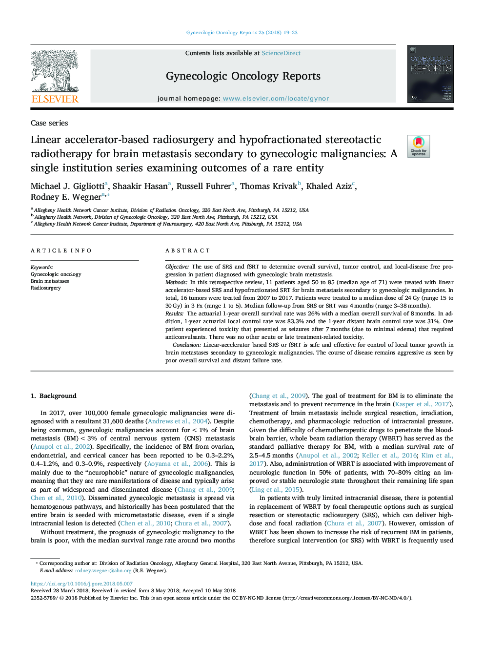 Linear accelerator-based radiosurgery and hypofractionated stereotactic radiotherapy for brain metastasis secondary to gynecologic malignancies: A single institution series examining outcomes of a rare entity