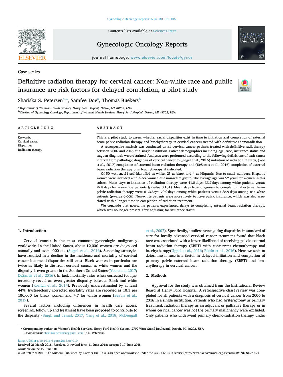 Definitive radiation therapy for cervical cancer: Non-white race and public insurance are risk factors for delayed completion, a pilot study