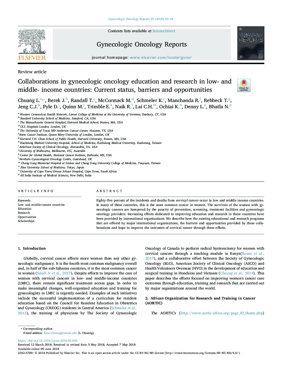 Collaborations in gynecologic oncology education and research in low- and middle- income countries: Current status, barriers and opportunities