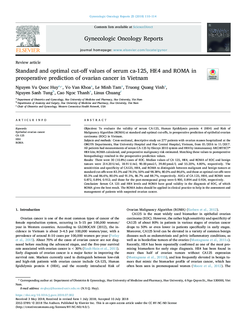 Standard and optimal cut-off values of serum ca-125, HE4 and ROMA in preoperative prediction of ovarian cancer in Vietnam
