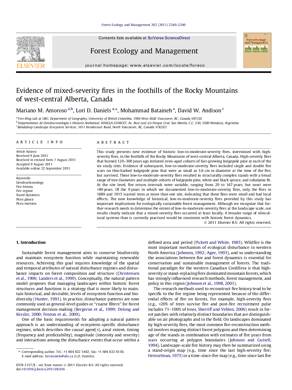 Evidence of mixed-severity fires in the foothills of the Rocky Mountains of west-central Alberta, Canada