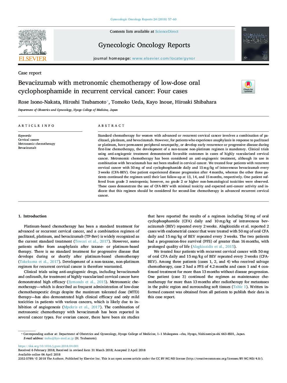 Bevacizumab with metronomic chemotherapy of low-dose oral cyclophosphamide in recurrent cervical cancer: Four cases