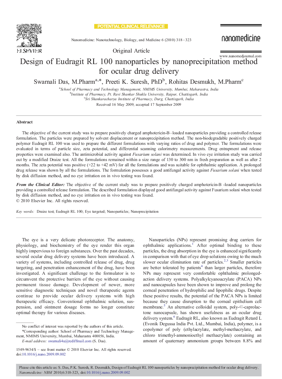 Design of Eudragit RL 100 nanoparticles by nanoprecipitation method for ocular drug delivery 