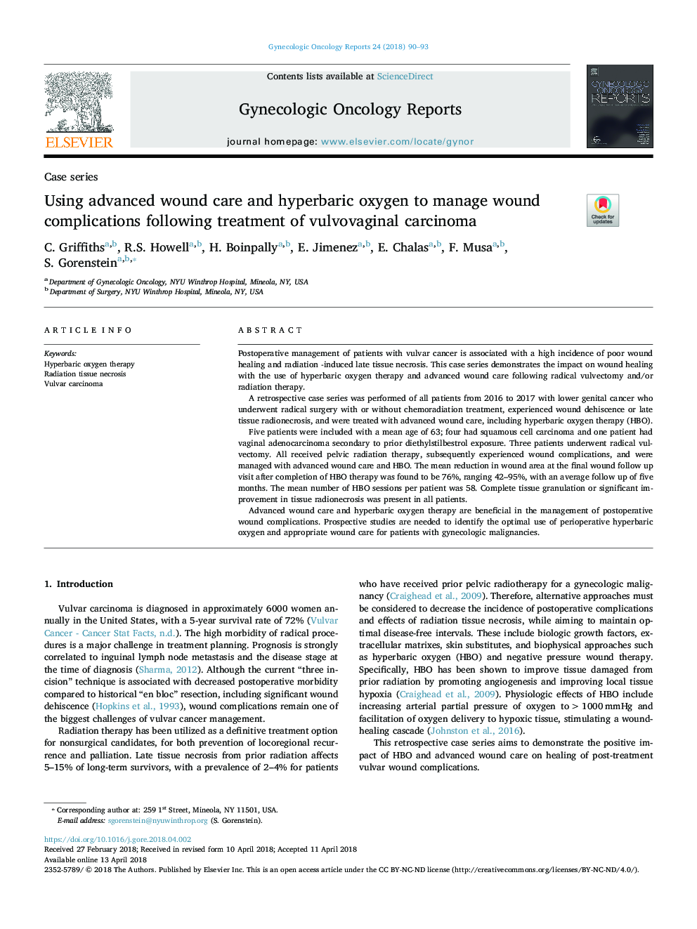 Using advanced wound care and hyperbaric oxygen to manage wound complications following treatment of vulvovaginal carcinoma