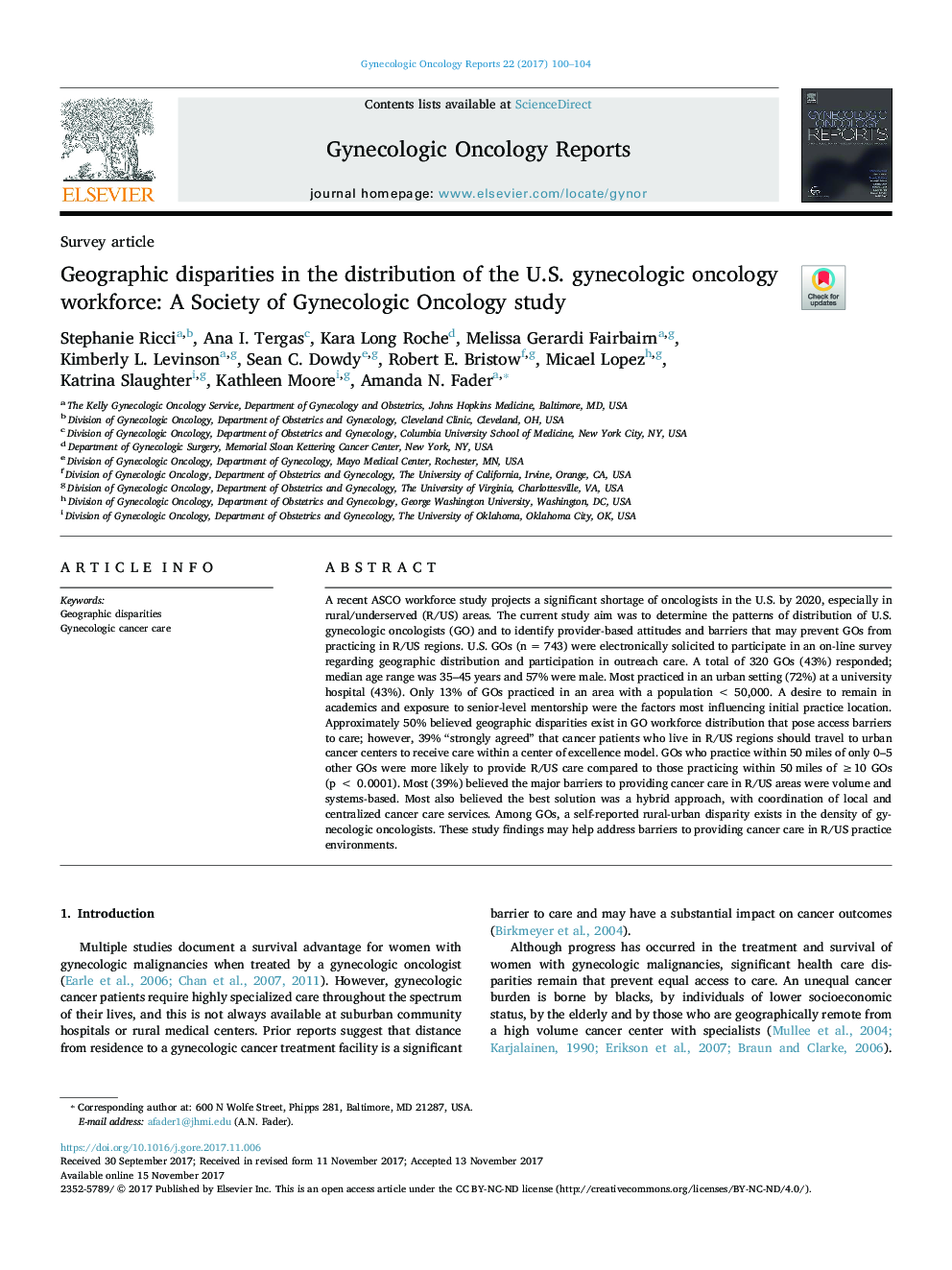 Geographic disparities in the distribution of the U.S. gynecologic oncology workforce: A Society of Gynecologic Oncology study