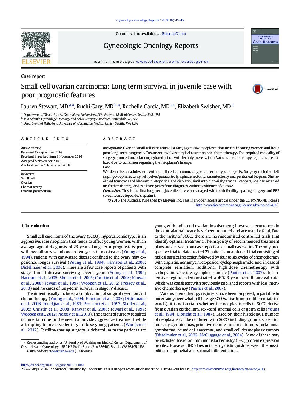 Small cell ovarian carcinoma: Long term survival in juvenile case with poor prognostic features