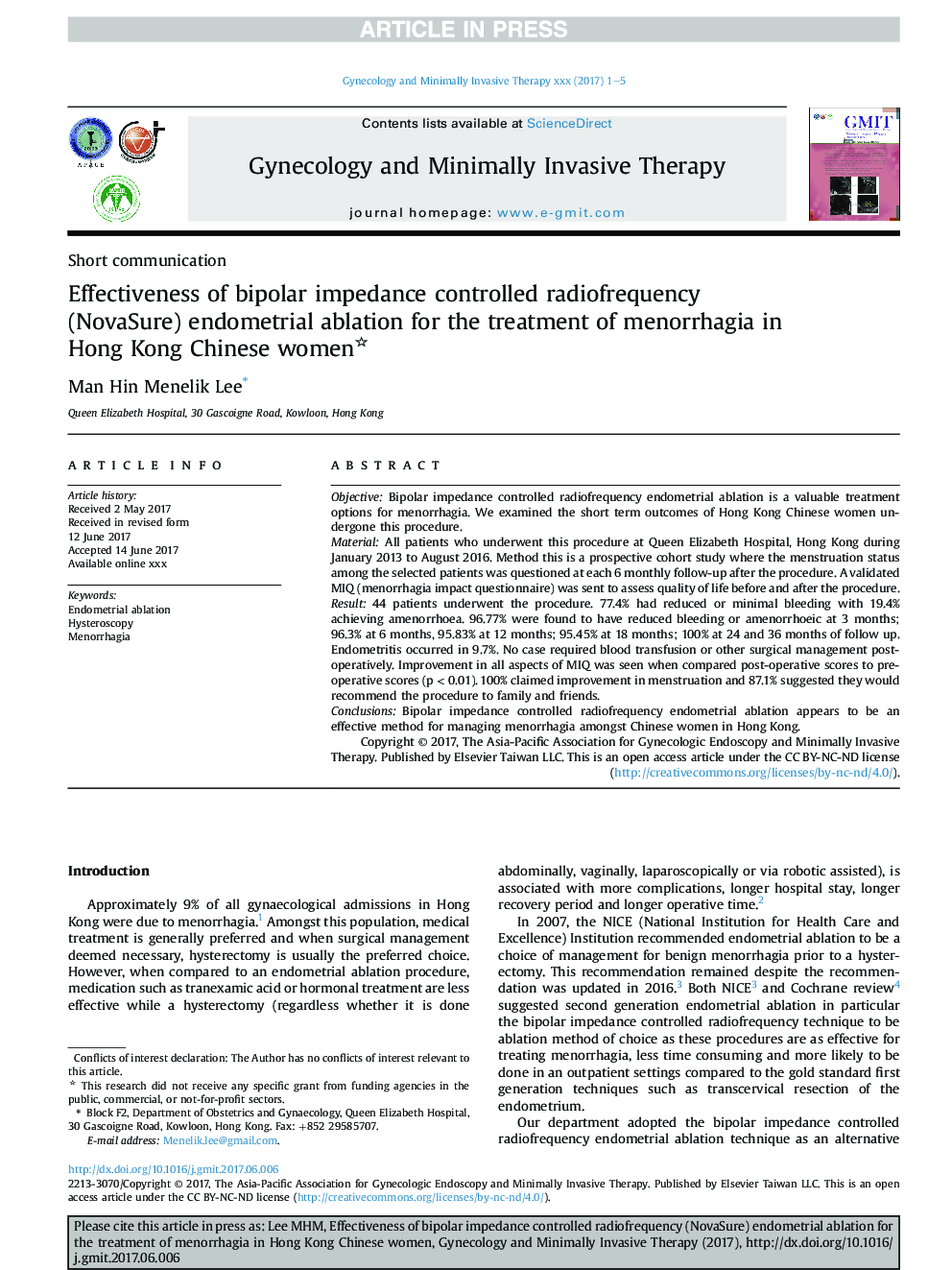 Effectiveness of bipolar impedance controlled radiofrequency (NovaSure) endometrial ablation for the treatment of menorrhagia inÂ Hong Kong Chinese women