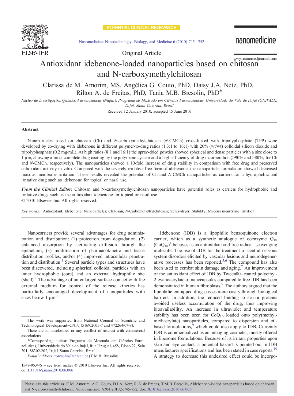 Antioxidant idebenone-loaded nanoparticles based on chitosan and N-carboxymethylchitosan 