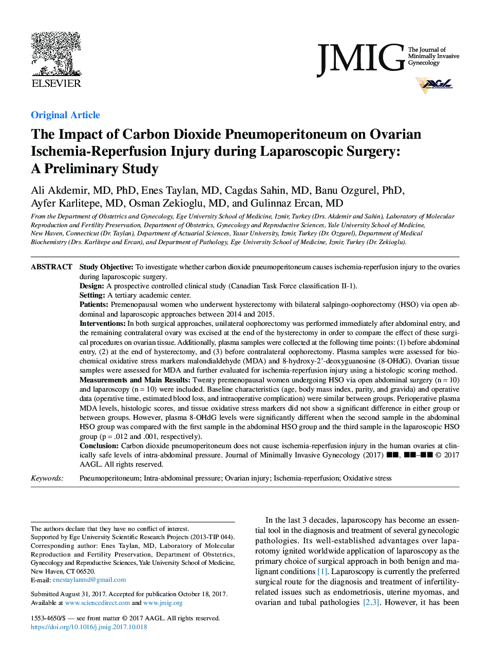 تأثیر پنیوپیریتونوم دی اکسید کربن بر آسیب شناسی ایسکمی- مجدد تخمدان در جراحی لاپاروسکوپی: مطالعه مقدماتی 