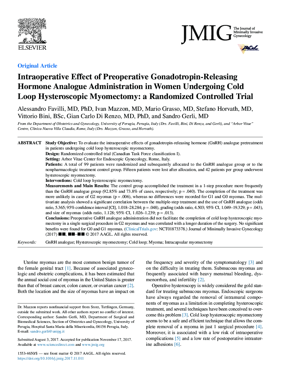Intraoperative Effect of Preoperative Gonadotropin-Releasing Hormone Analogue Administration in Women Undergoing Cold Loop Hysteroscopic Myomectomy: A Randomized Controlled Trial