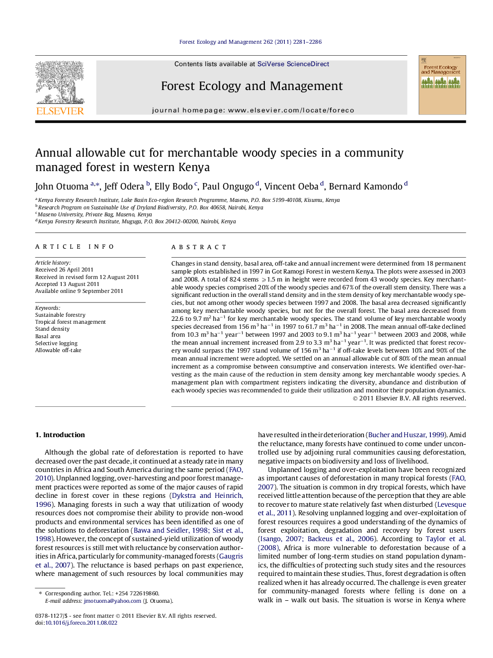 Annual allowable cut for merchantable woody species in a community managed forest in western Kenya