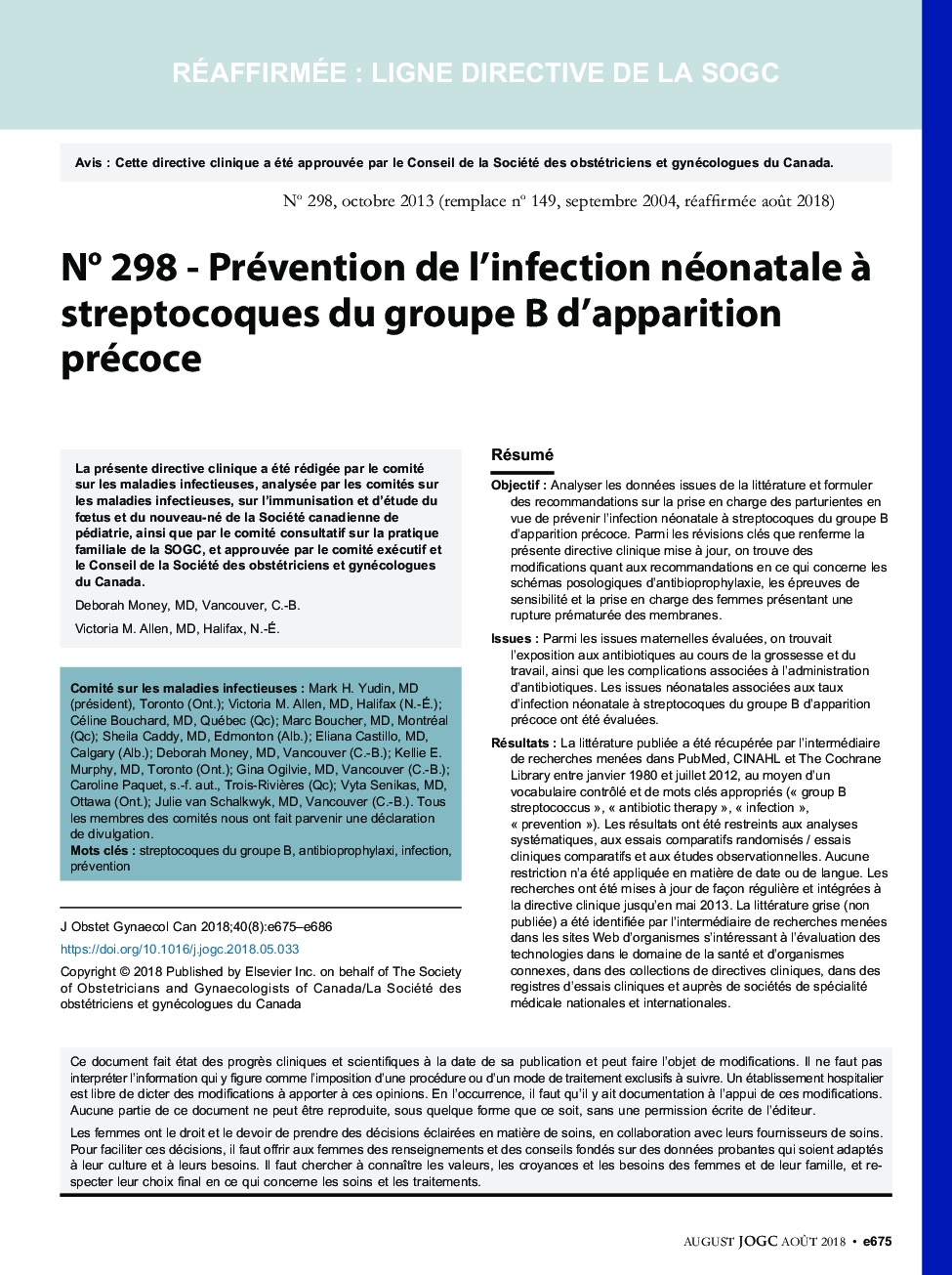 No 298 - Prévention de l'infection néonatale Ã  streptocoques du groupe B d'apparition précoce