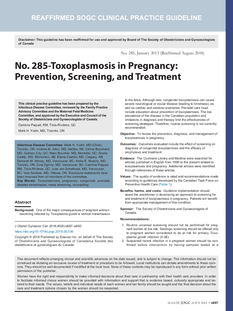 No. 285-Toxoplasmosis in Pregnancy: Prevention, Screening, and Treatment