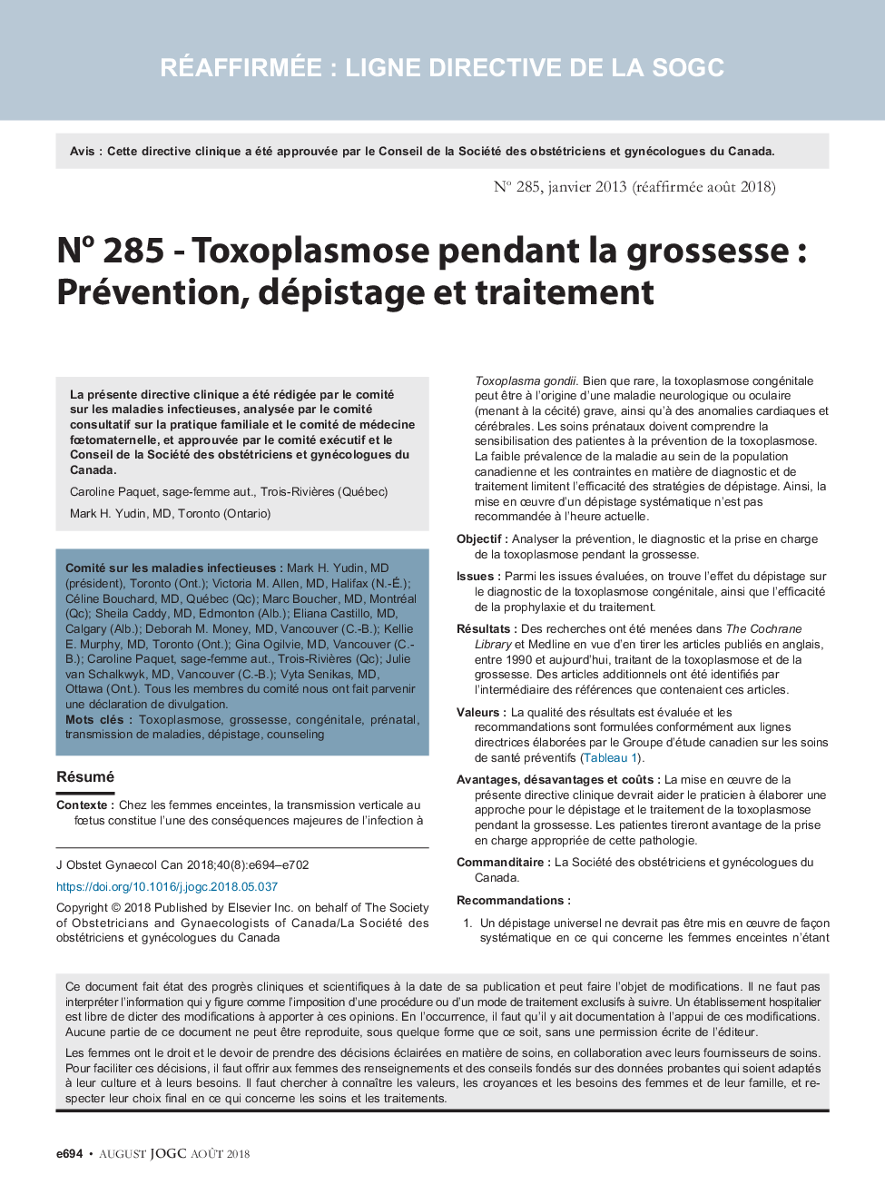 No 285 - Toxoplasmose pendant la grossesse : Prévention, dépistage et traitement