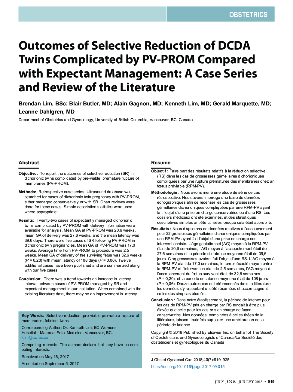 Outcomes of Selective Reduction of DCDA Twins Complicated by PV-PROM Compared with Expectant Management: A Case Series and Review of the Literature