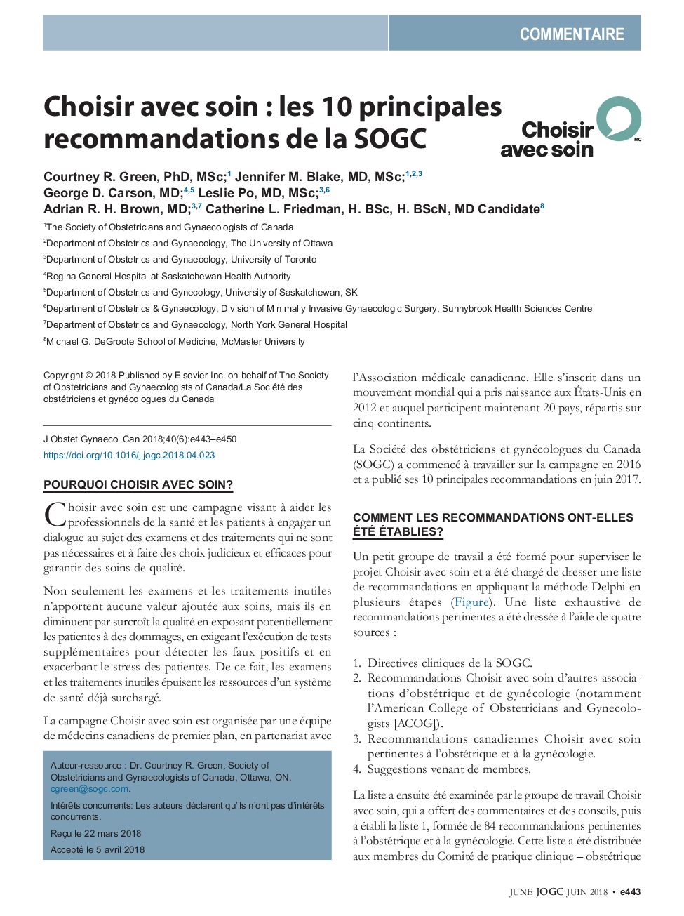Choisir avec soin : les 10 principales recommandations de la SOGC